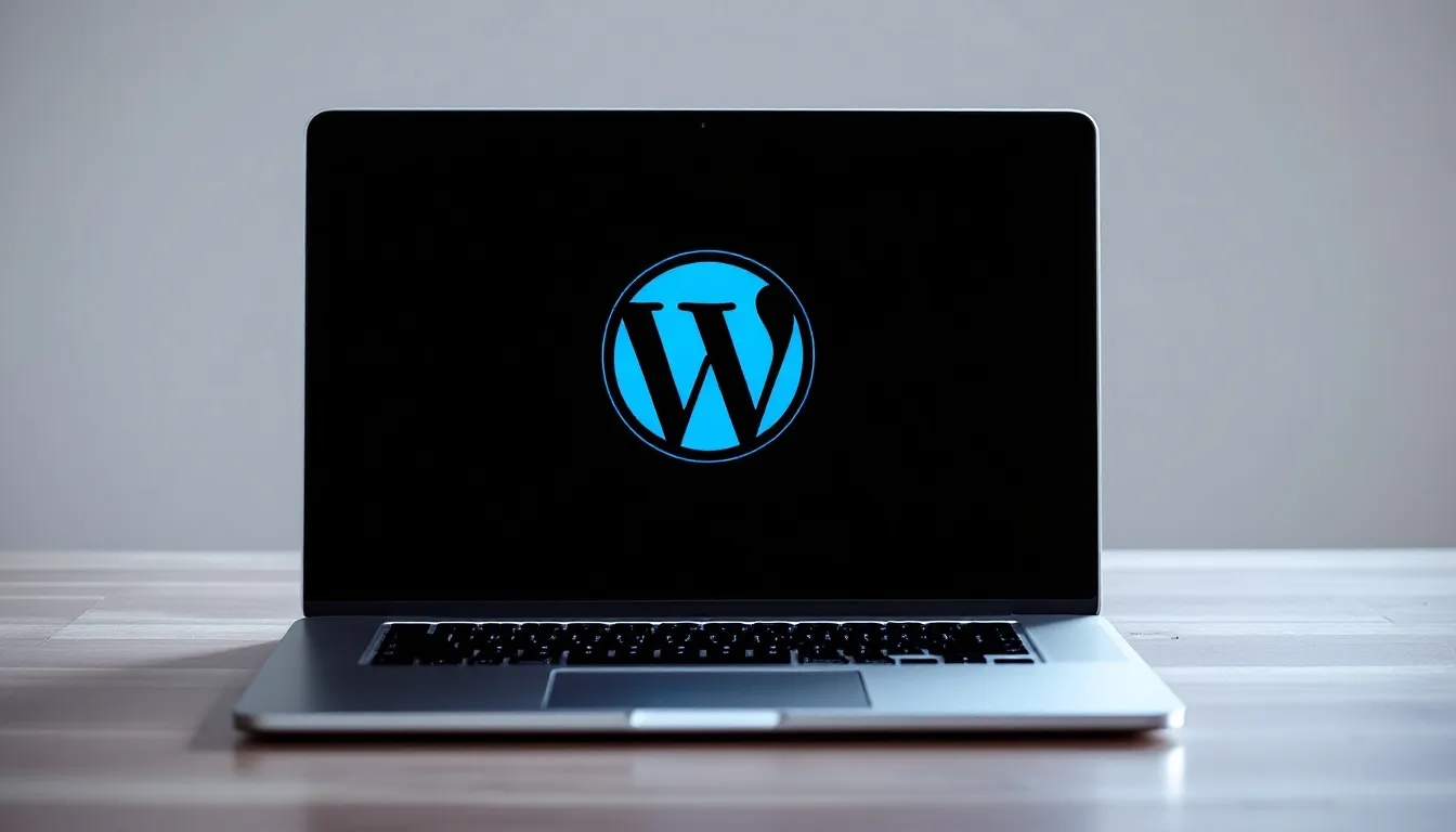 Logo WordPressa na tle komputera, symbolizujące popularny CMS.