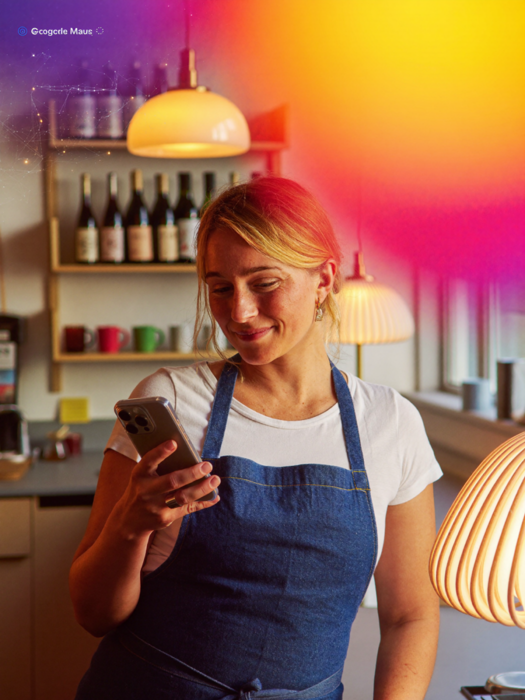 Właścicielka małej kawiarni patrząca na smartfon z otwartą wizytówką Google Business