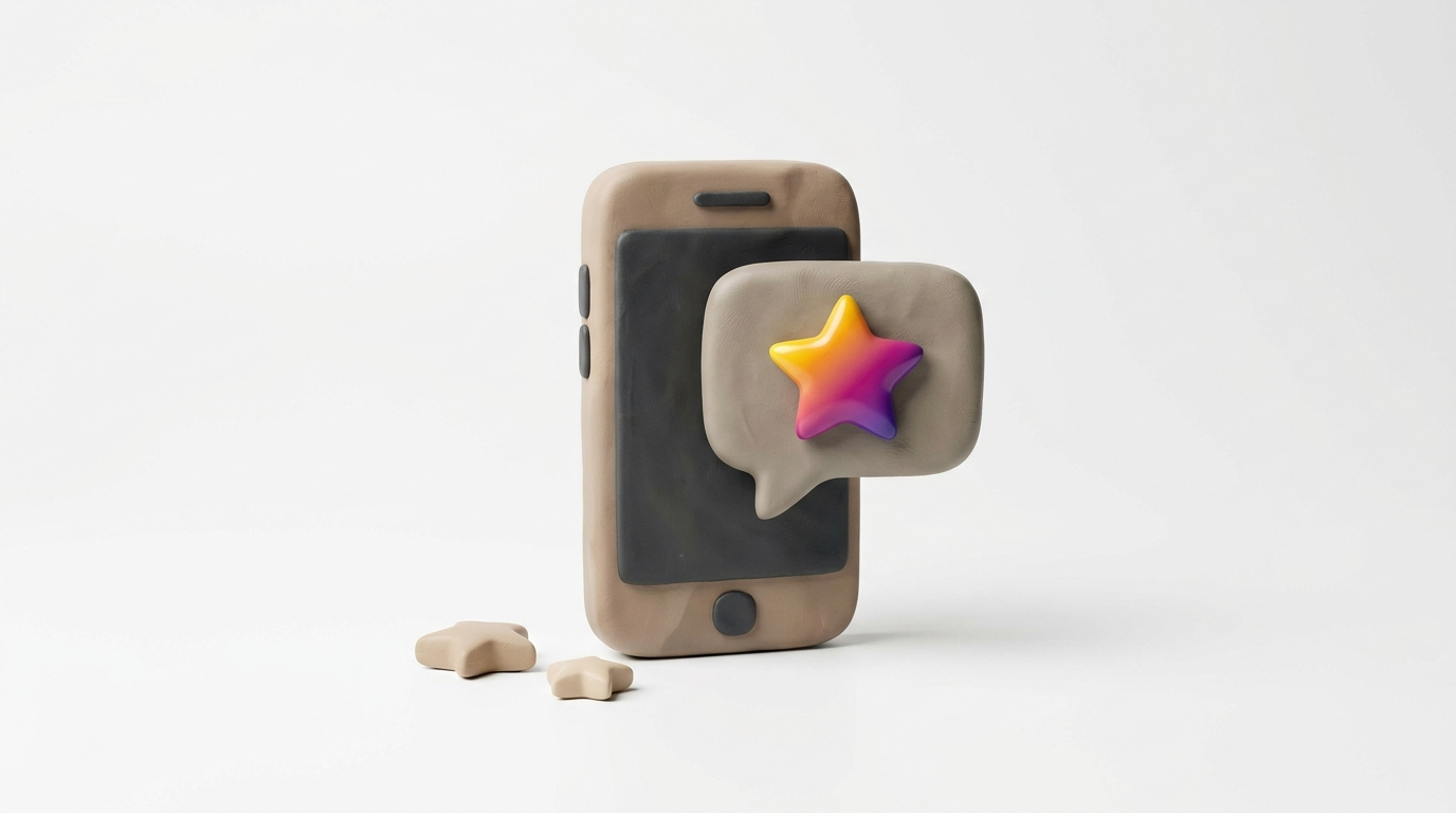 Makieta 3D: gliniany telefon z dymkiem, w dymku gradientowa gwiazdka