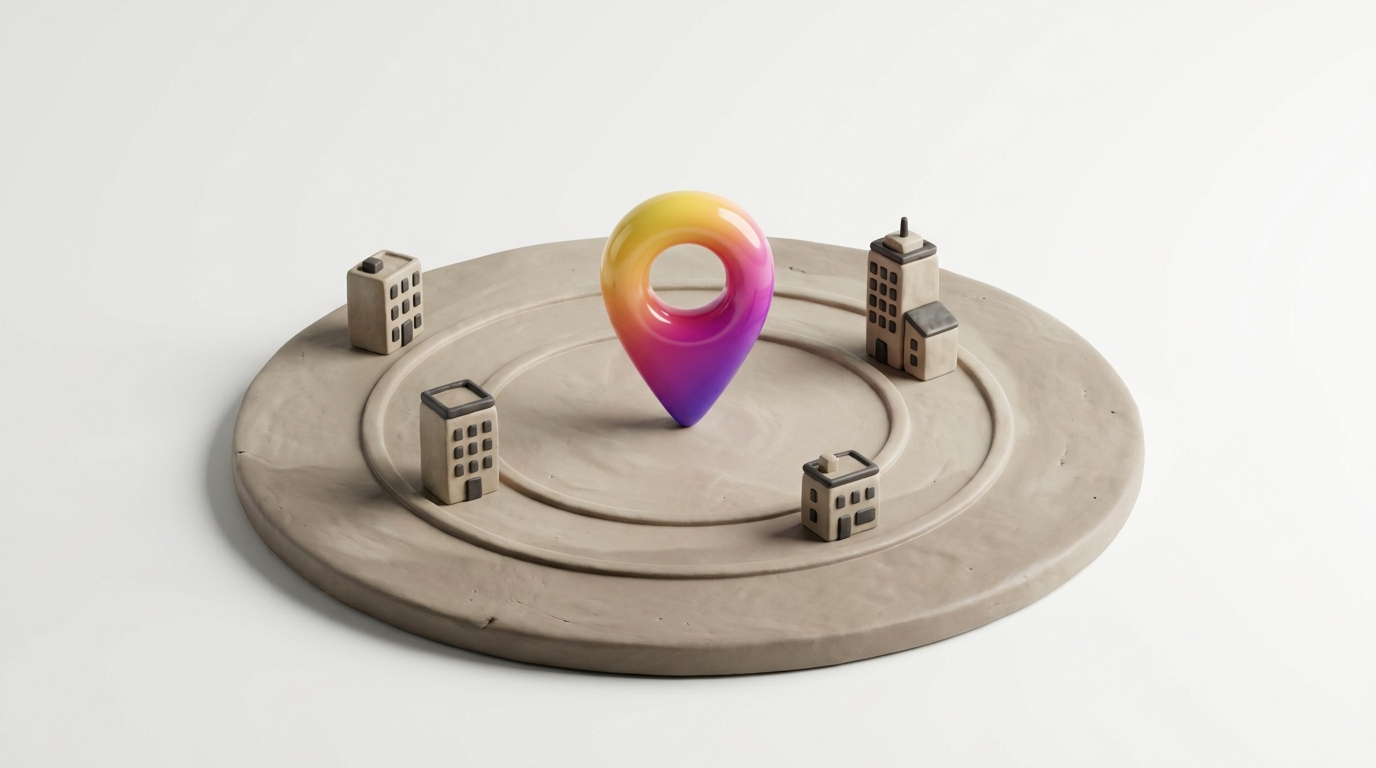 Makieta 3D: mapa z okręgami odległości, w centrum gradientowa pinezka, wokół gliniane budynki